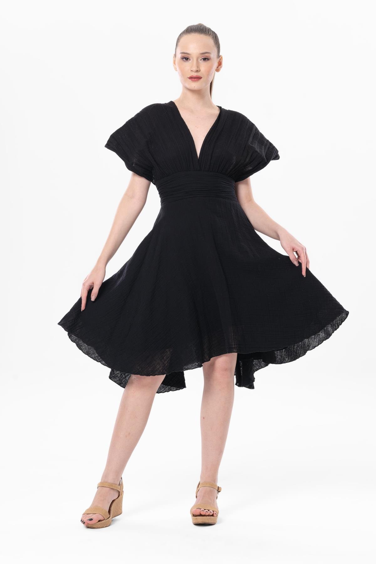 Kolsuz Sırt Detaylı V Yaka Laodikya Mini Yazlık Müslin Elbise Siyah Syh