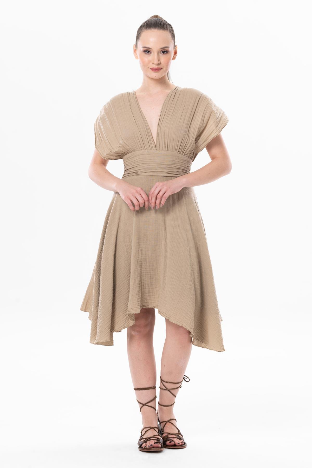 Kolsuz Sırt Detaylı V Yaka Laodikya Mini Yazlık Müslin Elbise Vizon Vzn