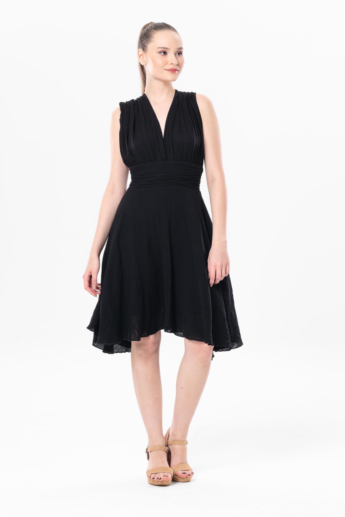 Kolsuz Sırt Detaylı V Yaka Laodikya Mini Yazlık Müslin Elbise Siyah Syh