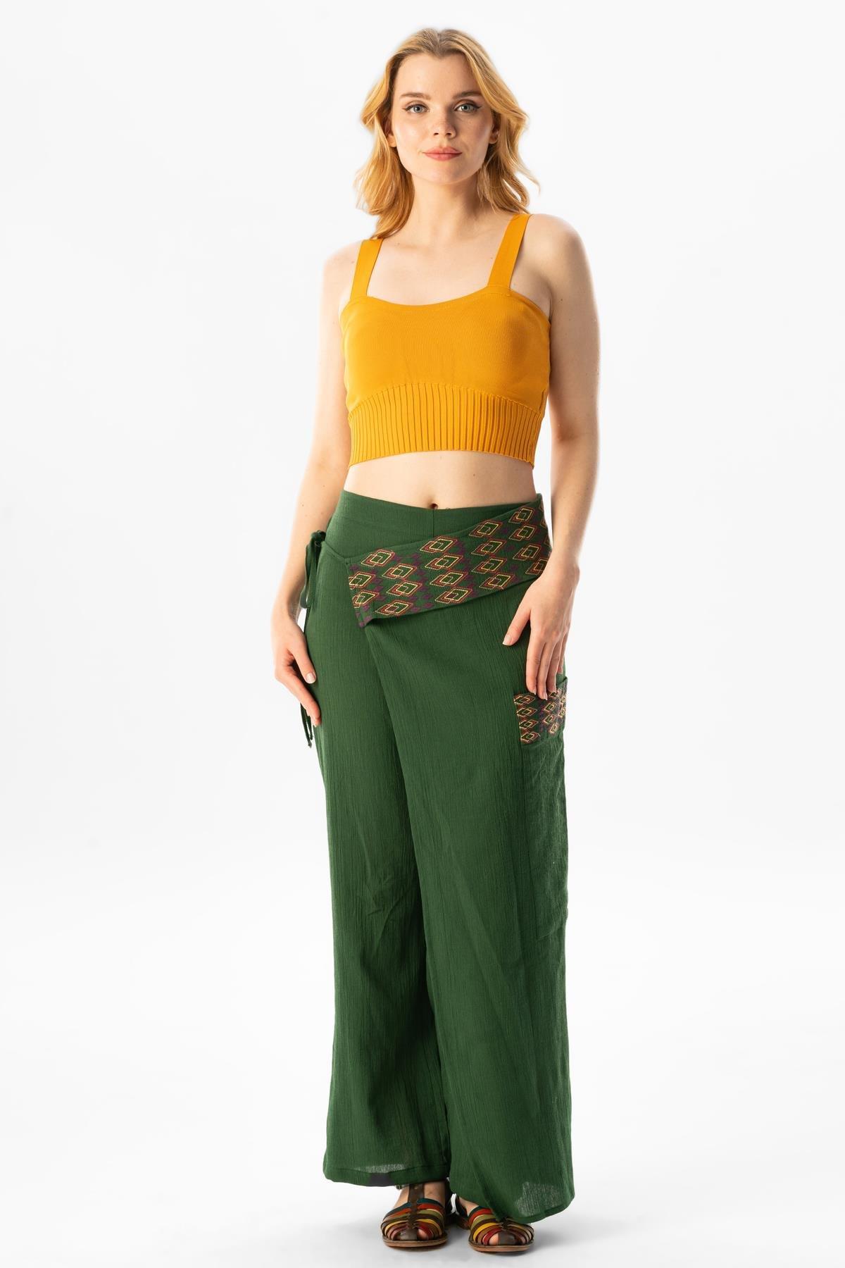 Kumru Şile Bezi Nakışlı Bağlama Detaylı Yazlık Otantik Pantolon Yeşil Ysl
