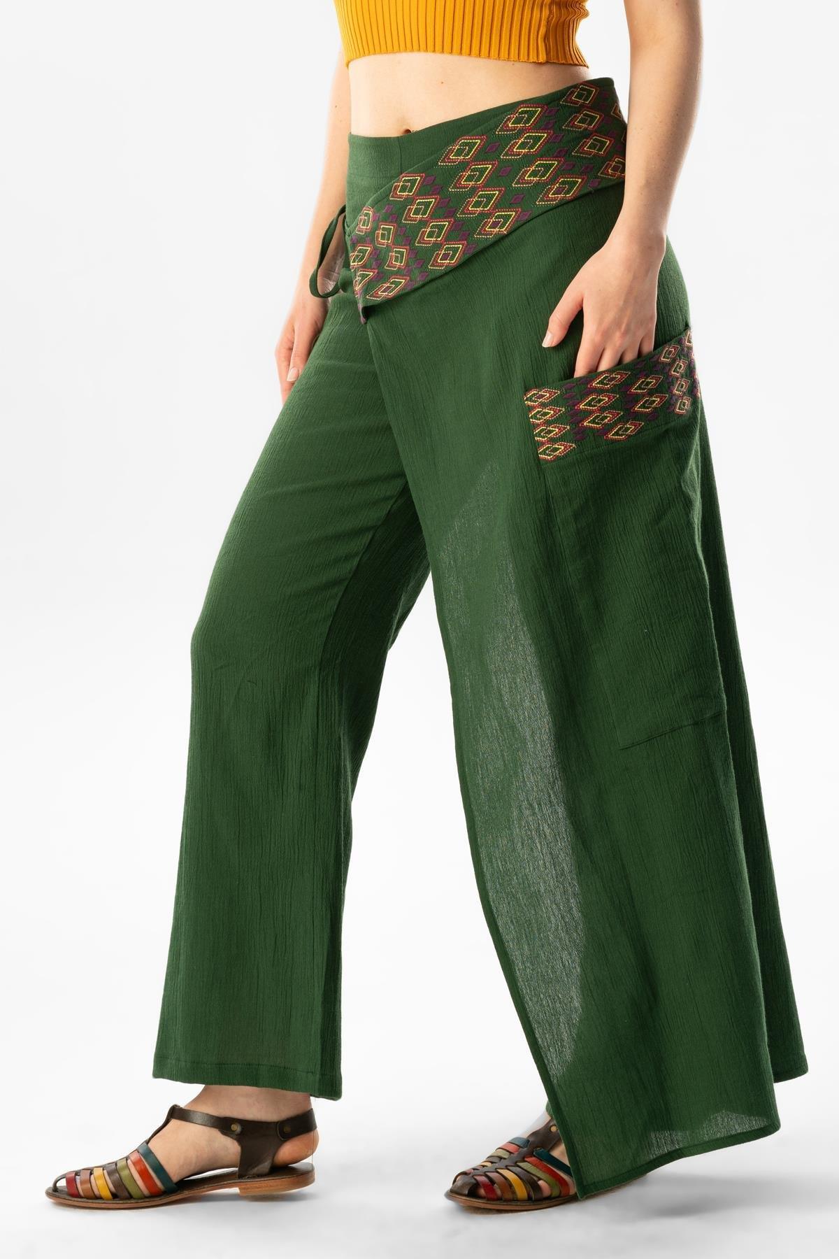 Kumru Şile Bezi Nakışlı Bağlama Detaylı Yazlık Otantik Pantolon Yeşil Ysl