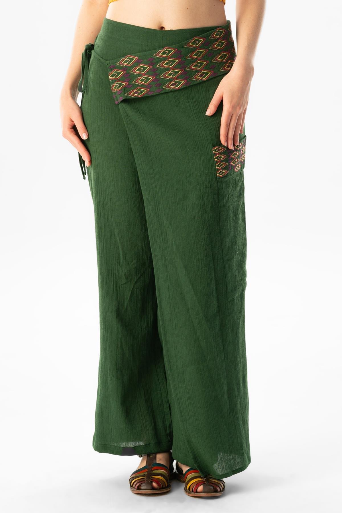 Kumru Şile Bezi Nakışlı Bağlama Detaylı Yazlık Otantik Pantolon Yeşil Ysl