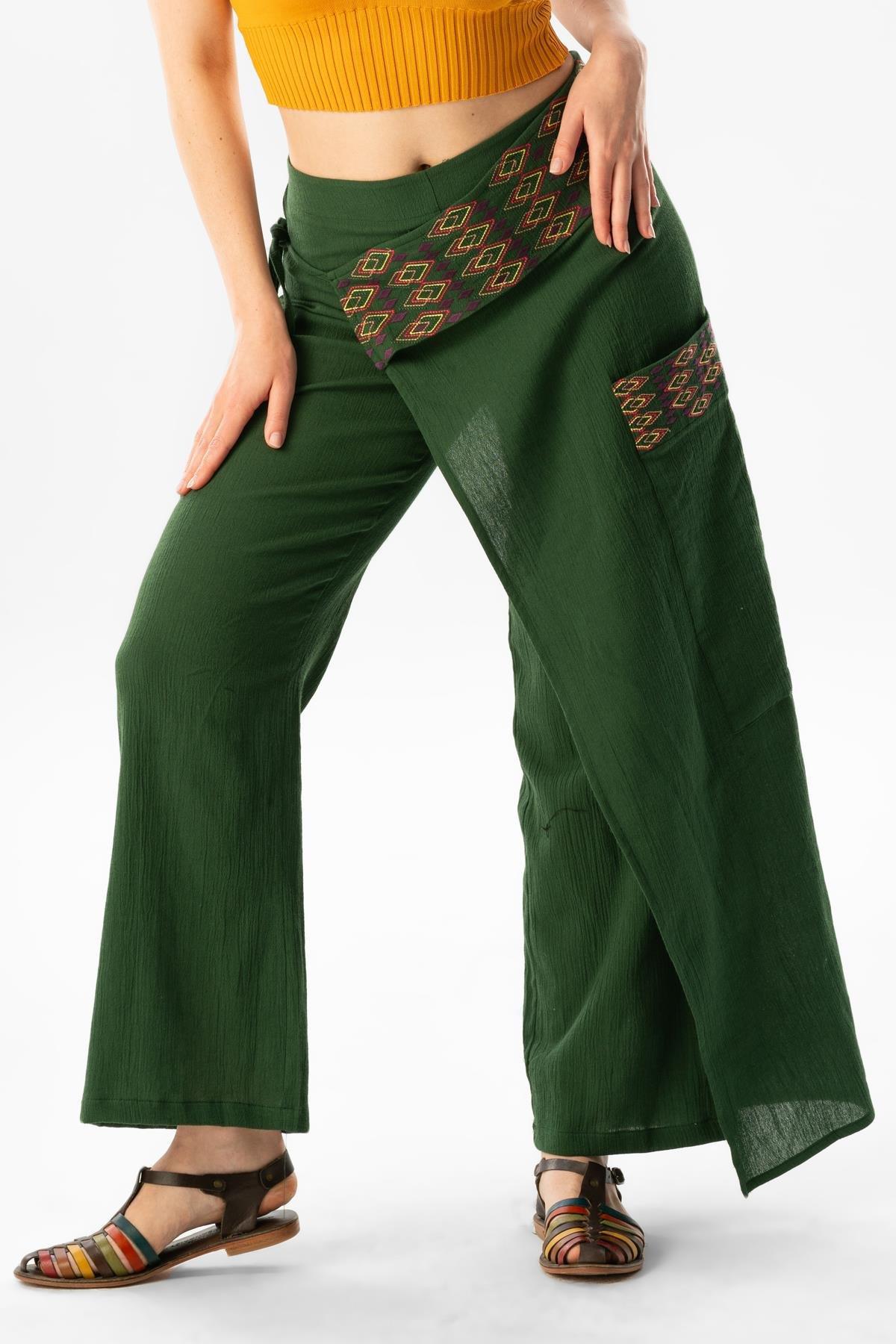 Kumru Şile Bezi Nakışlı Bağlama Detaylı Yazlık Otantik Pantolon Yeşil Ysl