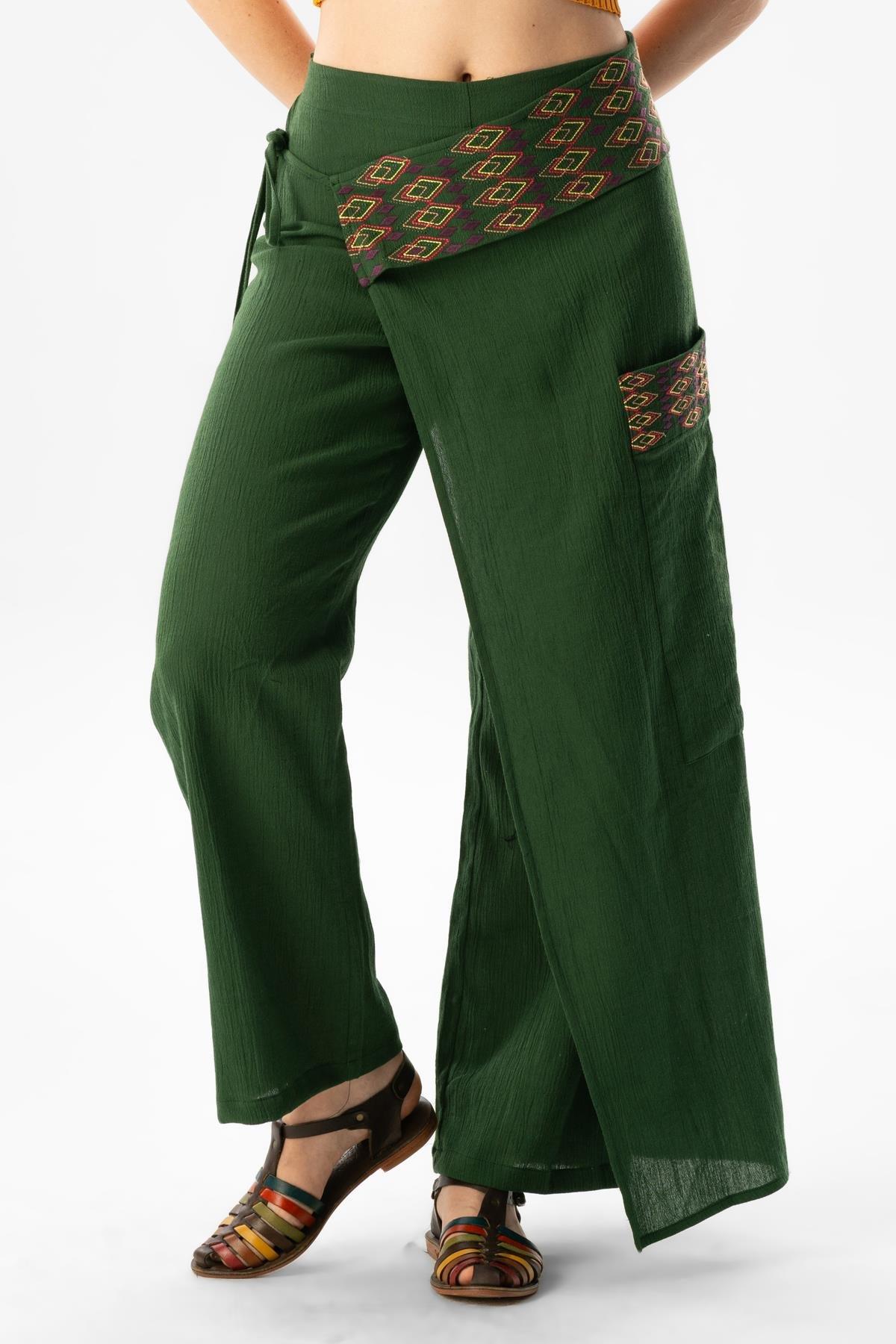 Kumru Şile Bezi Nakışlı Bağlama Detaylı Yazlık Otantik Pantolon Yeşil Ysl