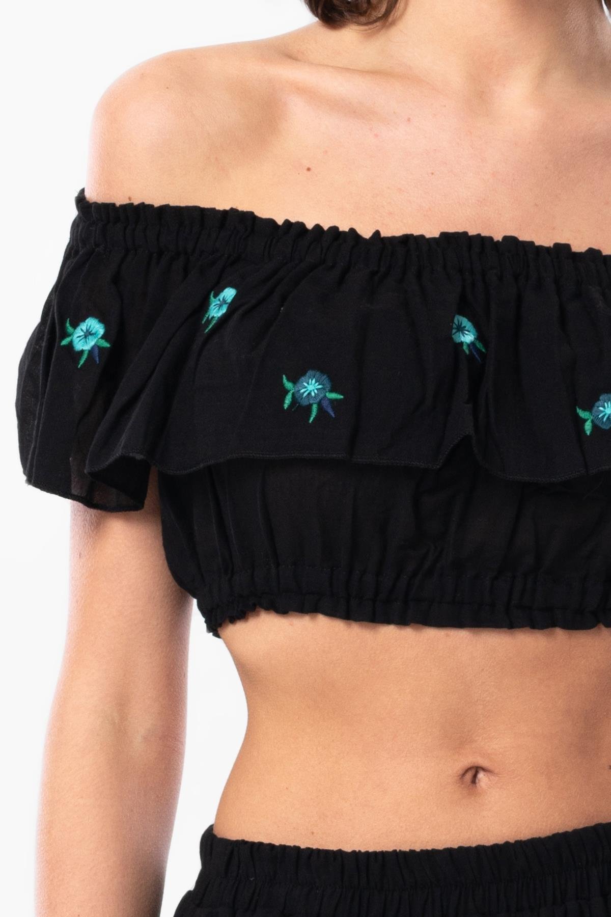 Lavinya Vual Lastik Detaylı Nakışlı Yazlık Crop Bluz Siyah Syh