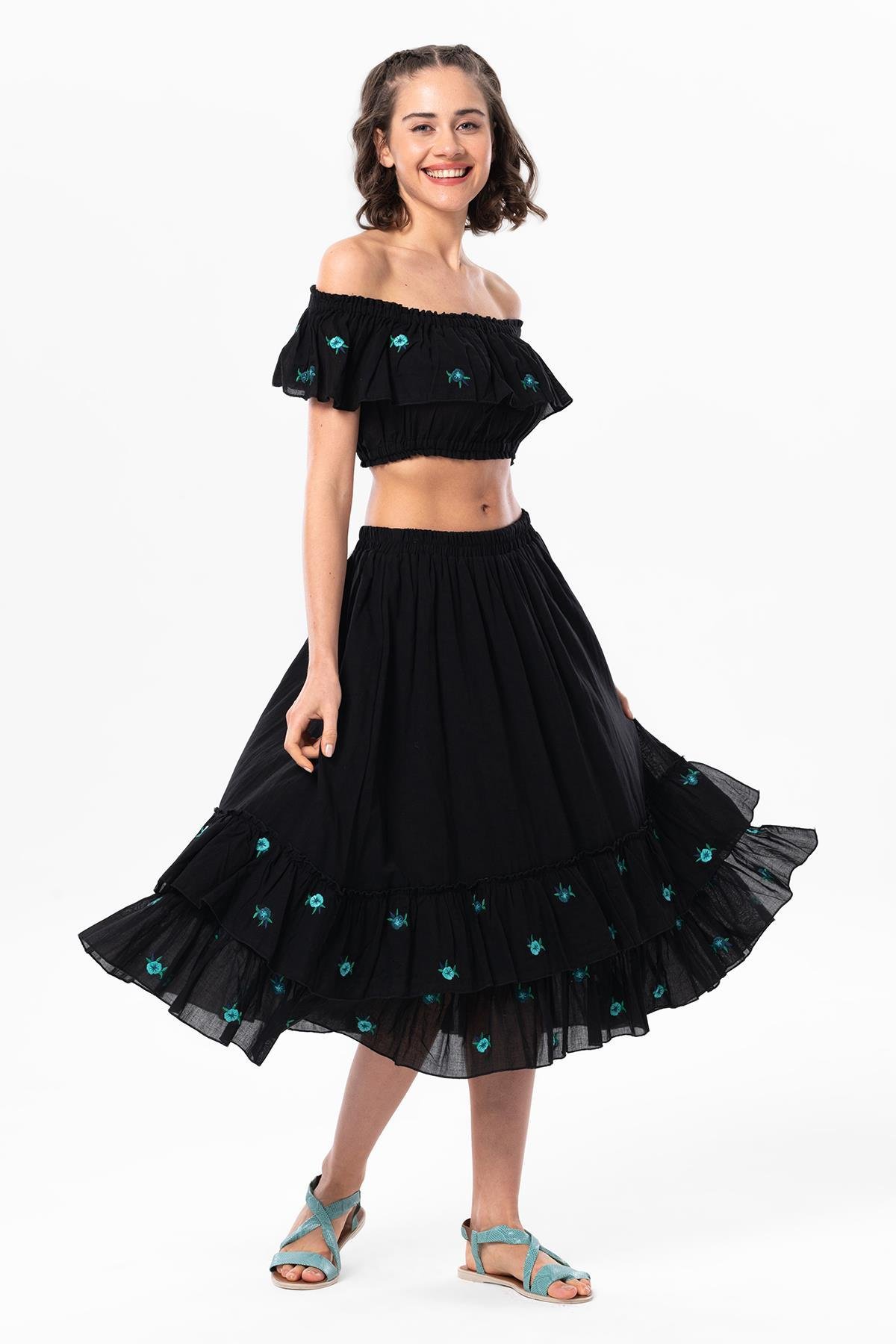 Lavinya Vual Lastik Detaylı Nakışlı Yazlık Crop Bluz Siyah Syh