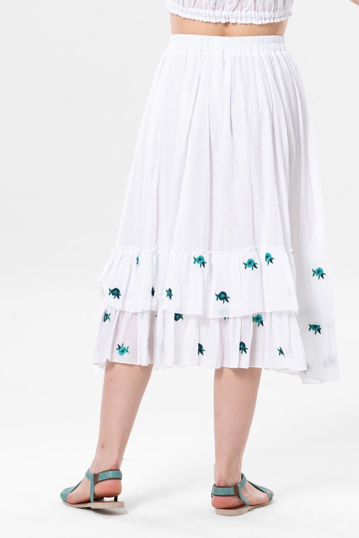 Lavinya Vual Nakışlı Uzun Yazlık Etek Beyaz Byz