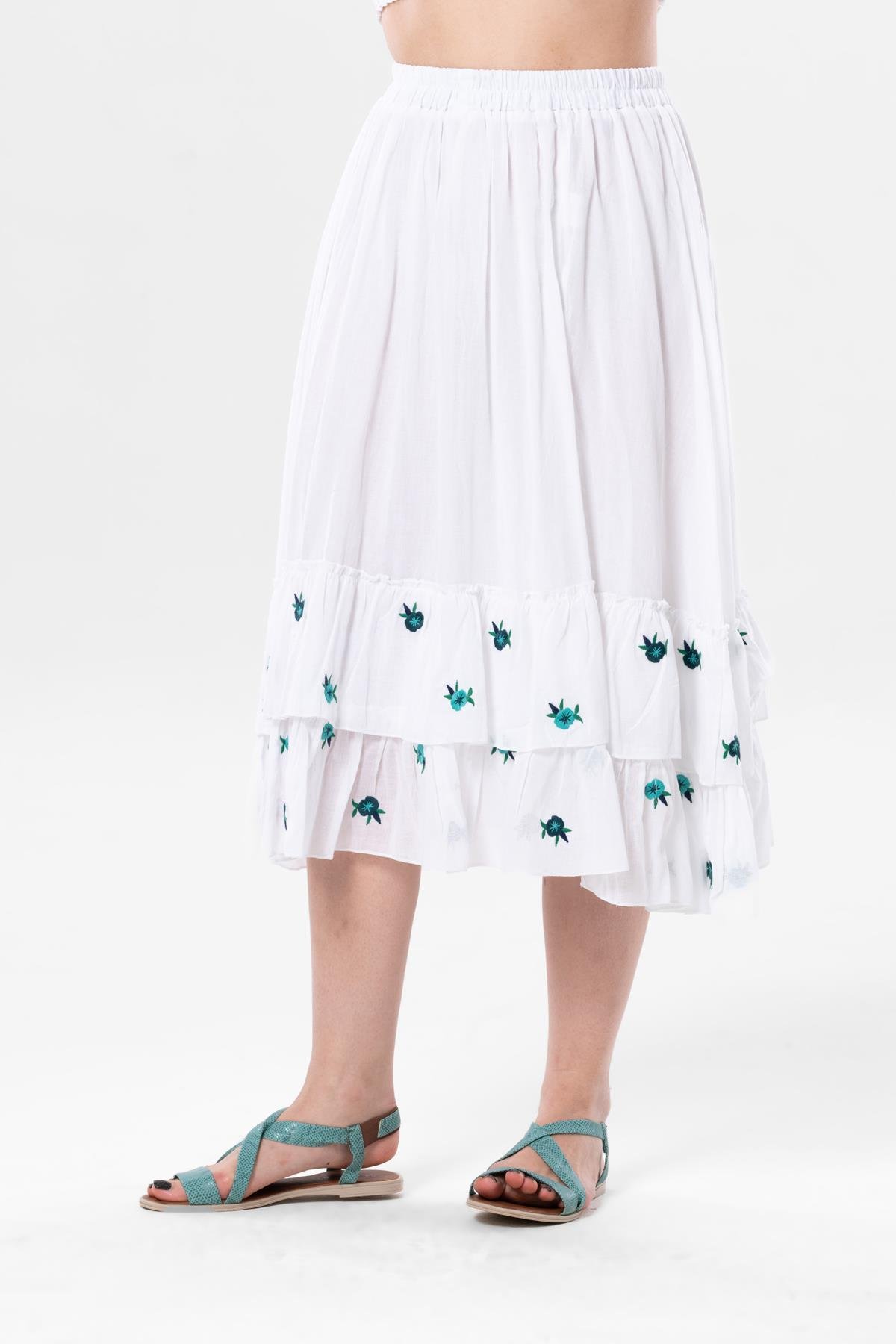 Lavinya Vual Nakışlı Uzun Yazlık Etek Beyaz Byz