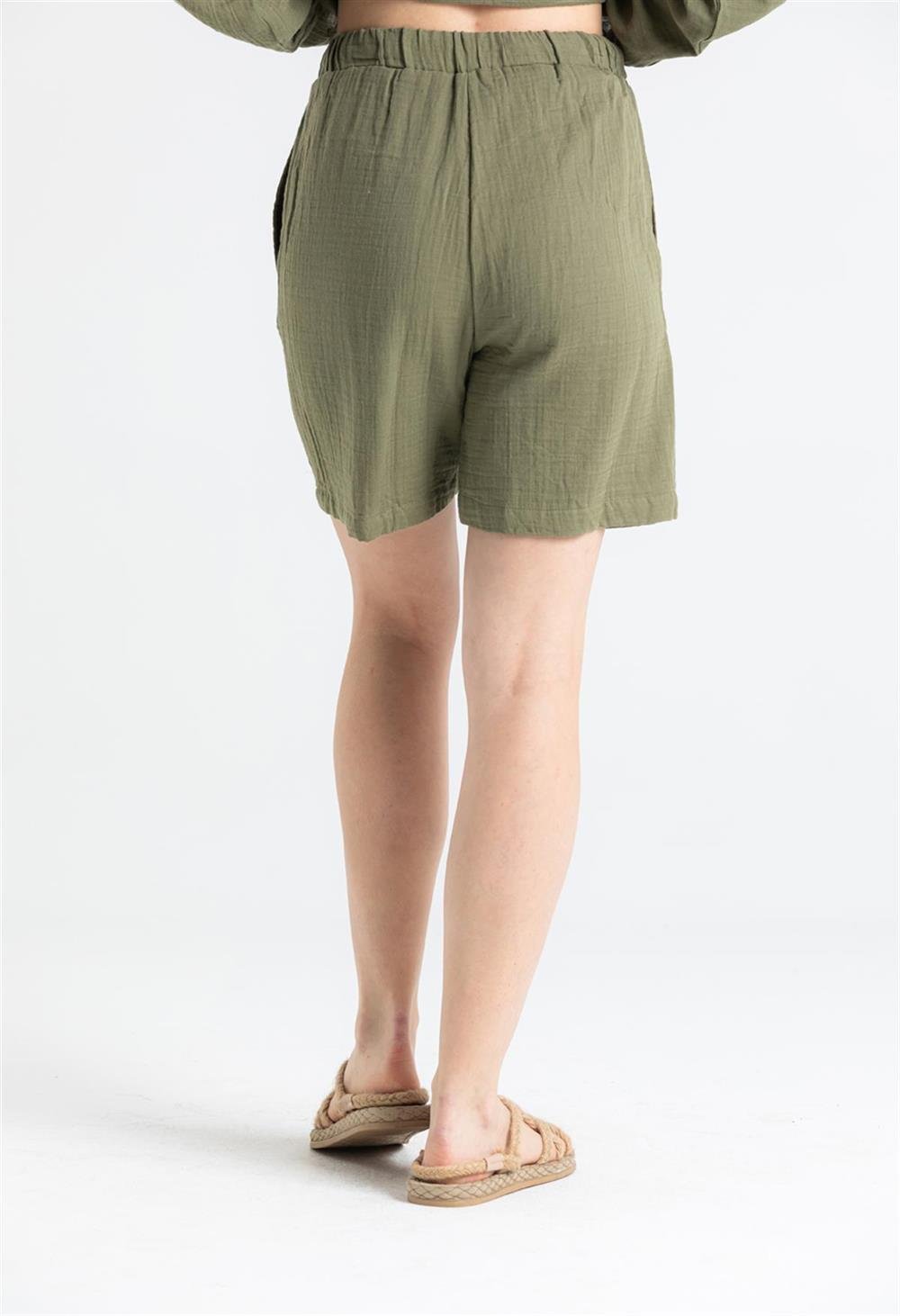 Müslin İnci Bağlamalı Şort Haki Hk