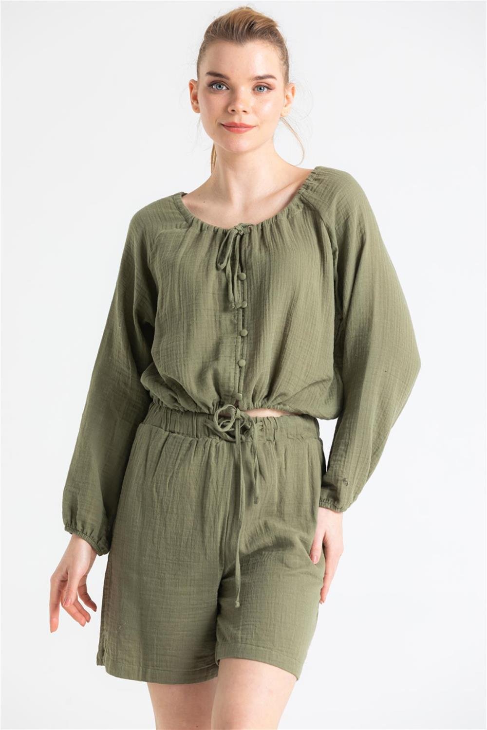 Müslin İnci Bağlamalı Şort Haki Hk