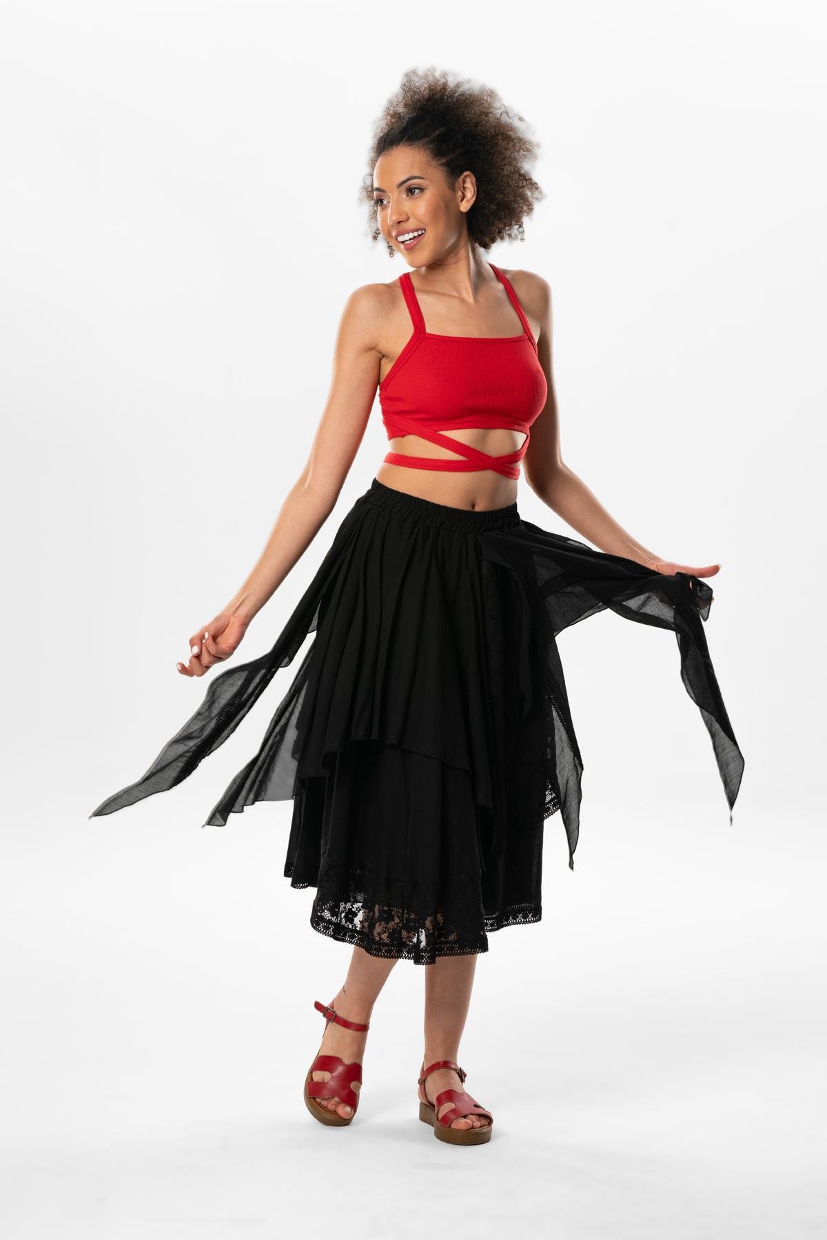 Salkım Vual Dantelli Saçaklı Uzun Yazlık Otantik Etek Siyah Syh