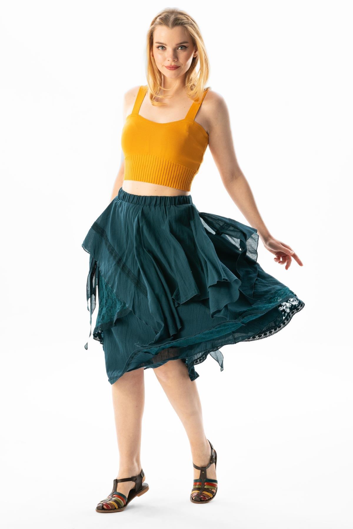 Salkım Vual Dantelli Saçaklı Uzun Yazlık Otantik Etek Petrol Ptrl