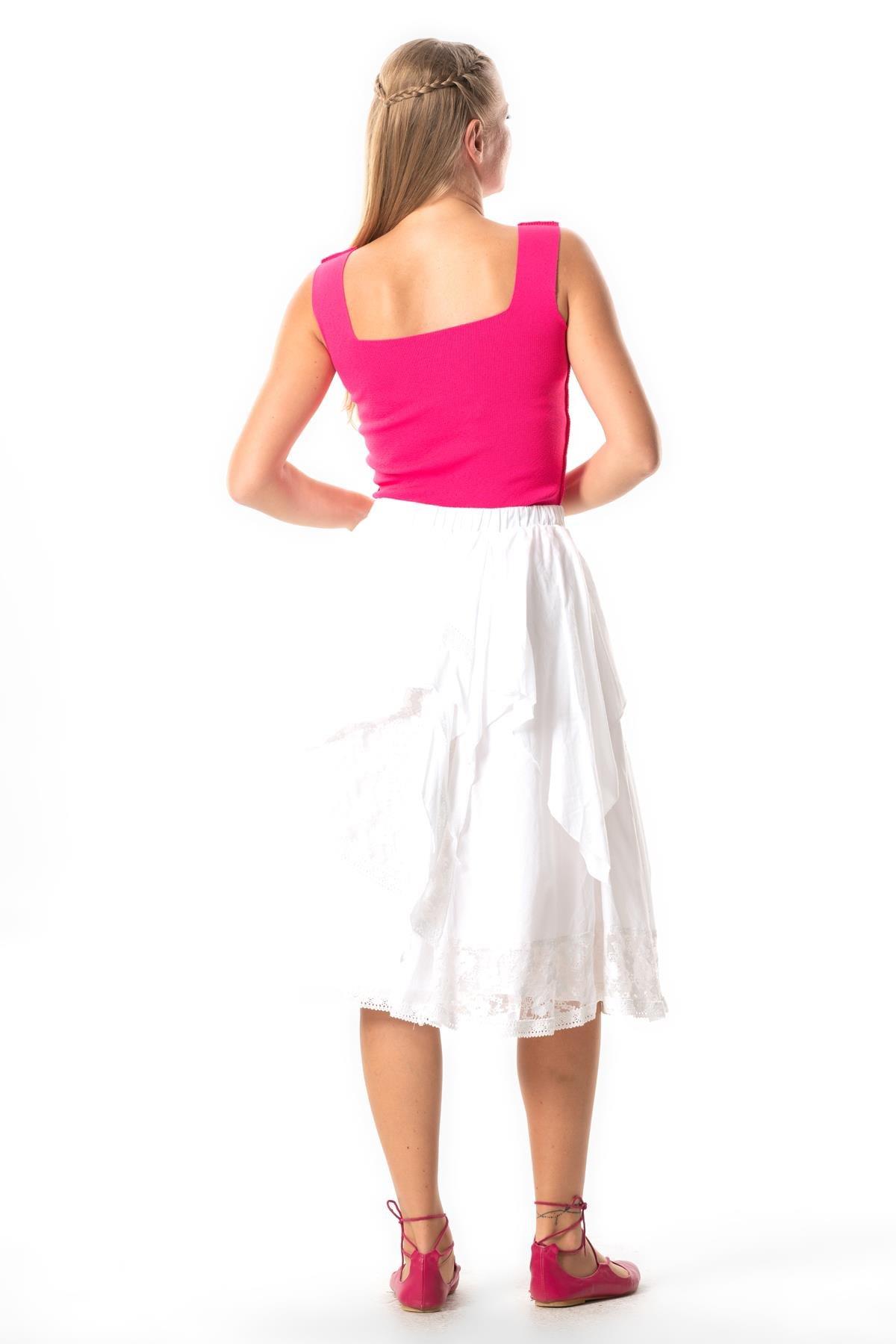 Salkım Vual Dantelli Saçaklı Uzun Yazlık Otantik Etek Beyaz Byz