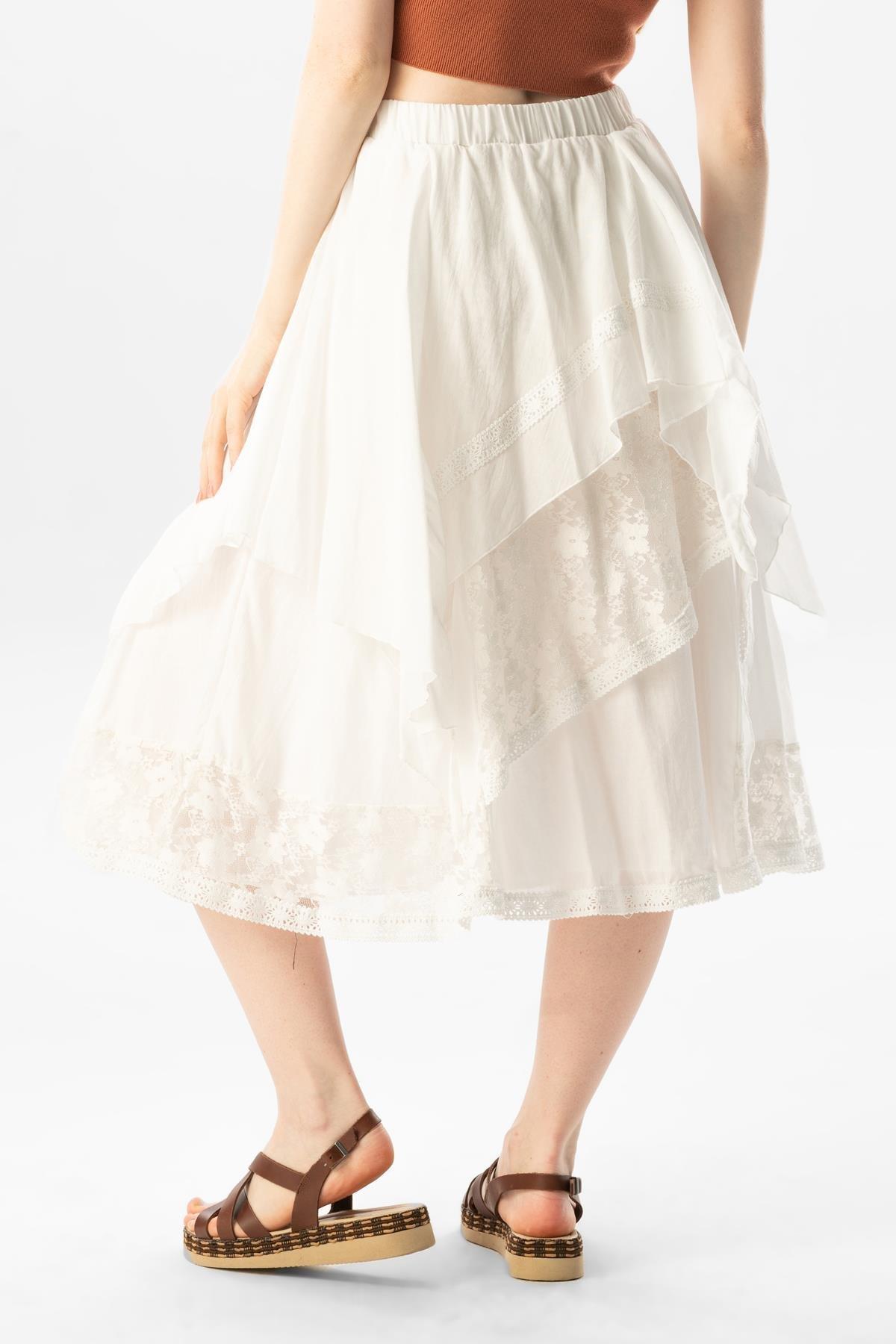 Salkım Vual Dantelli Saçaklı Uzun Yazlık Otantik Etek Krem Krm
