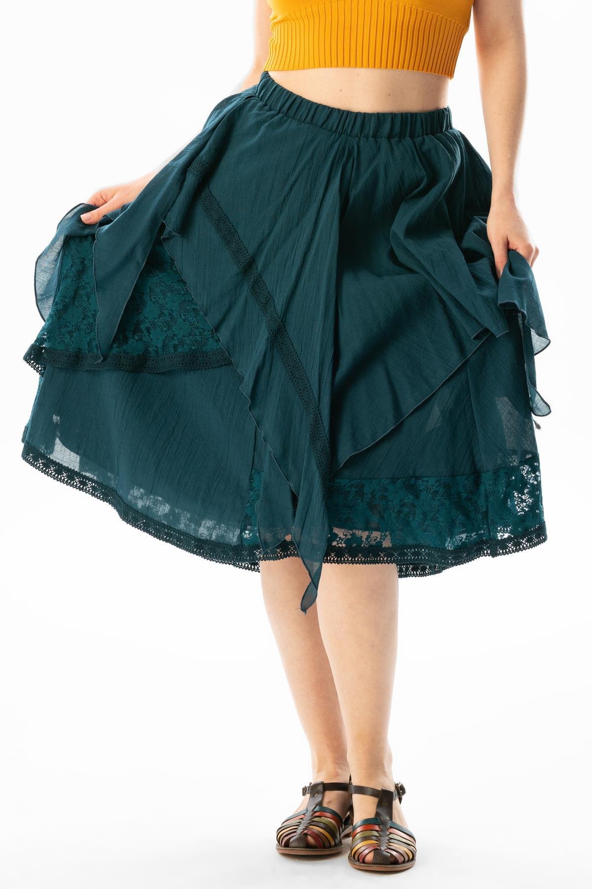 Salkım Vual Dantelli Saçaklı Uzun Yazlık Otantik Etek Petrol Ptrl