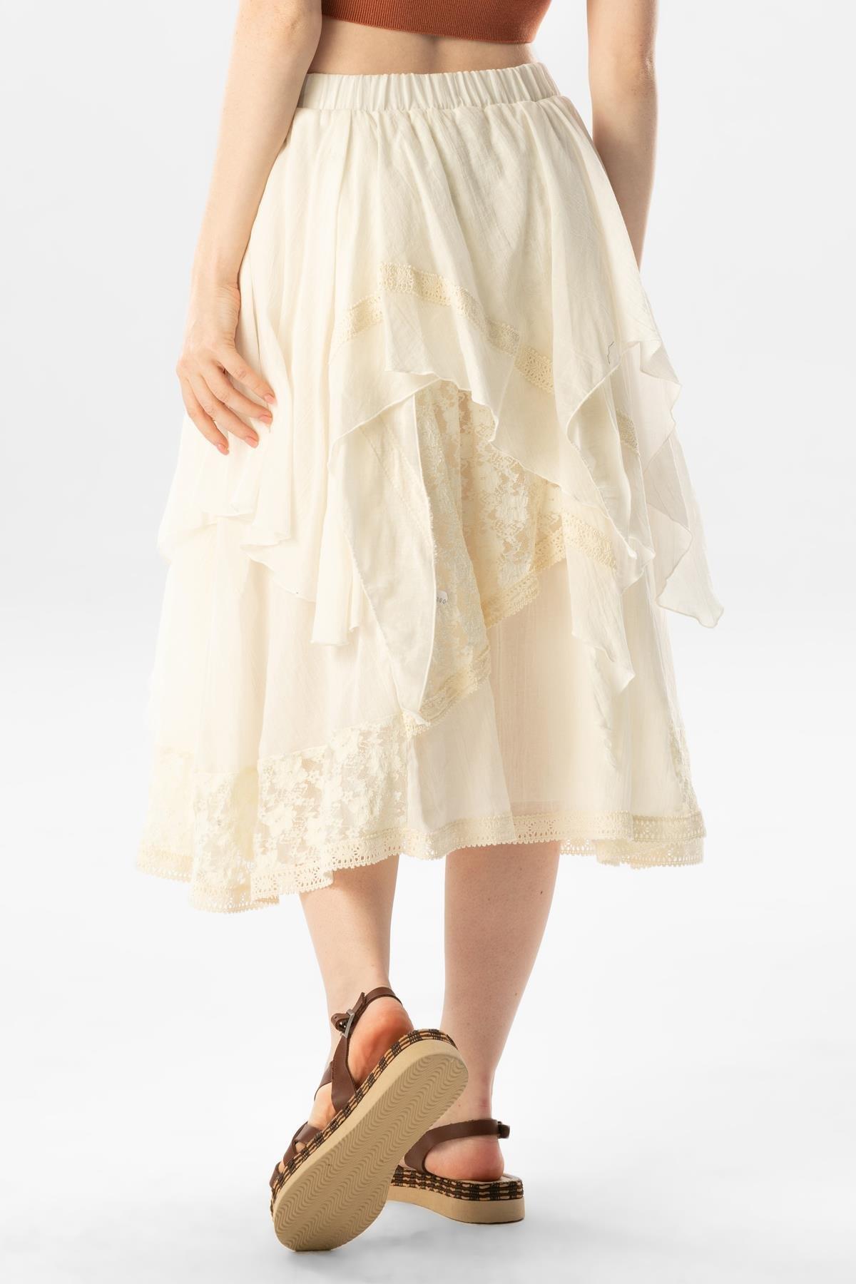 Salkım Vual Dantelli Saçaklı Uzun Yazlık Otantik Etek Krem Krm
