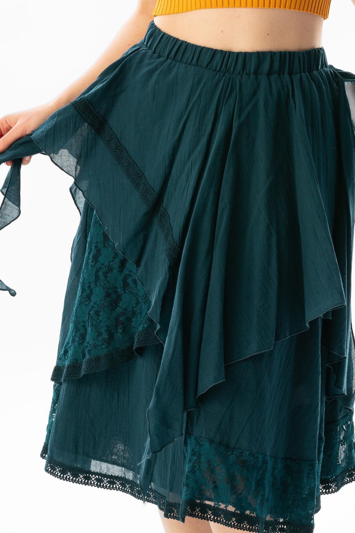 Salkım Vual Dantelli Saçaklı Uzun Yazlık Otantik Etek Petrol Ptrl