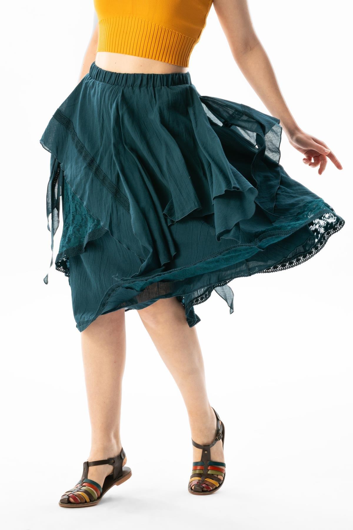 Salkım Vual Dantelli Saçaklı Uzun Yazlık Otantik Etek Petrol Ptrl