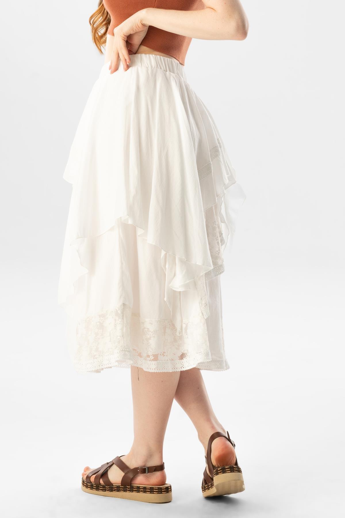 Salkım Vual Dantelli Saçaklı Uzun Yazlık Otantik Etek Krem Krm