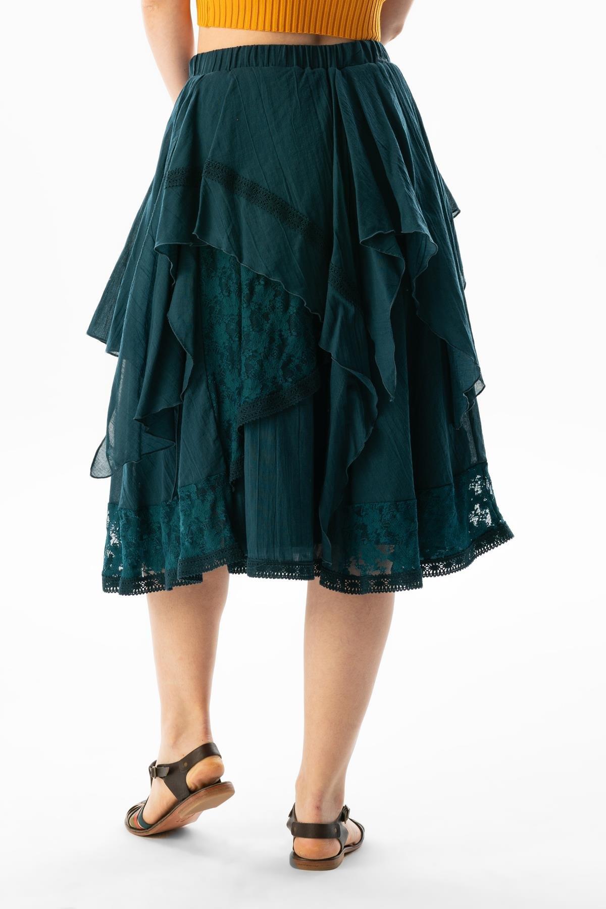 Salkım Vual Dantelli Saçaklı Uzun Yazlık Otantik Etek Petrol Ptrl