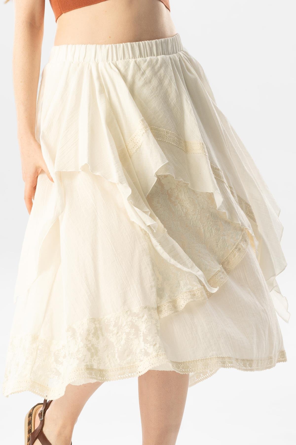 Salkım Vual Dantelli Saçaklı Uzun Yazlık Otantik Etek Krem Krm