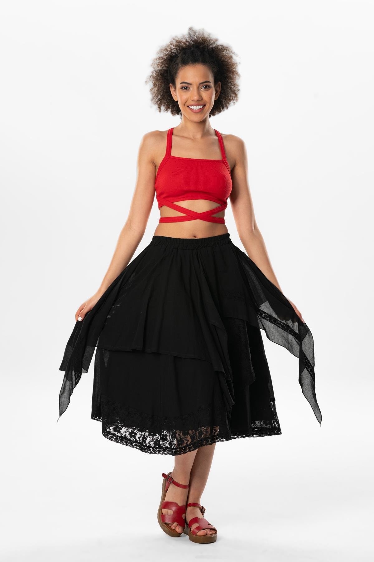 Salkım Vual Dantelli Saçaklı Uzun Yazlık Otantik Etek Siyah Syh