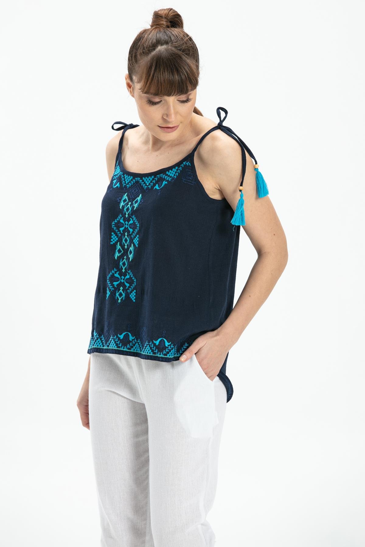 Toptan Askılı Şile Bezi Atiye Bluz Lacivert