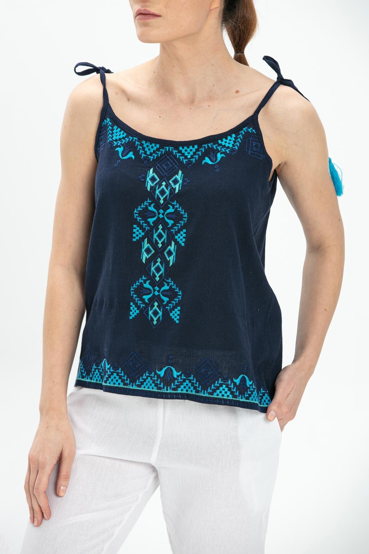 Toptan Askılı Şile Bezi Atiye Bluz Lacivert