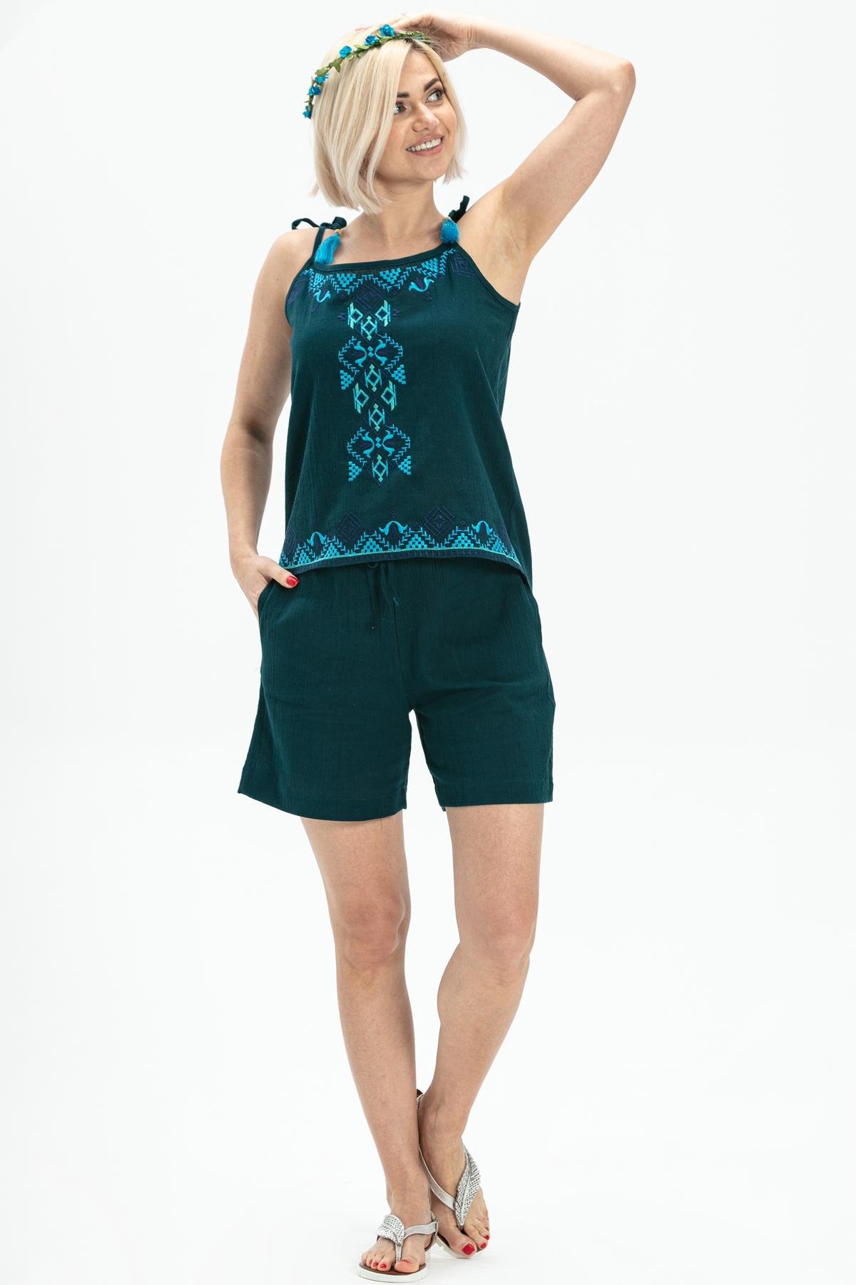 Toptan Askılı Şile Bezi Atiye Bluz Petrol