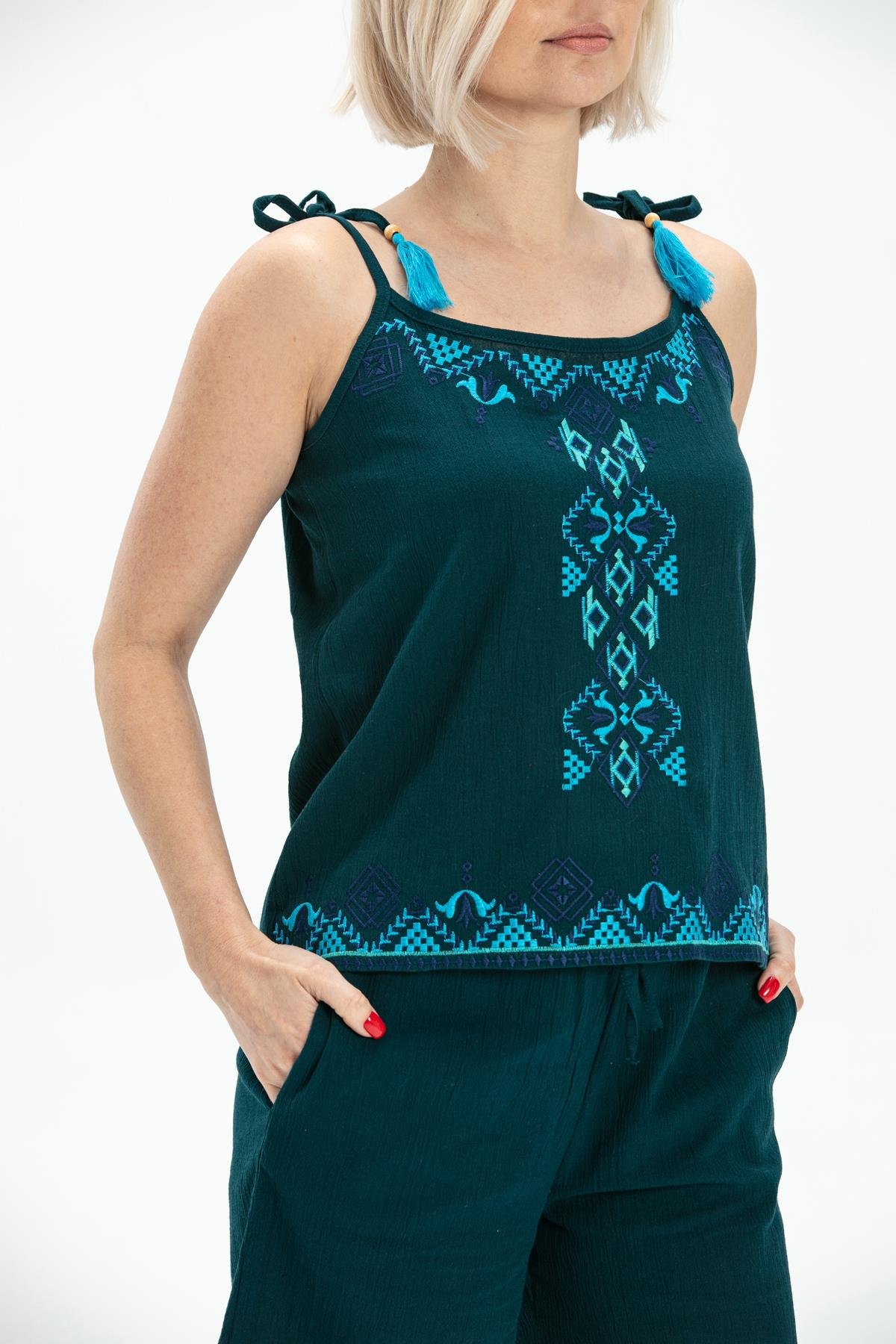 Toptan Askılı Şile Bezi Atiye Bluz Petrol