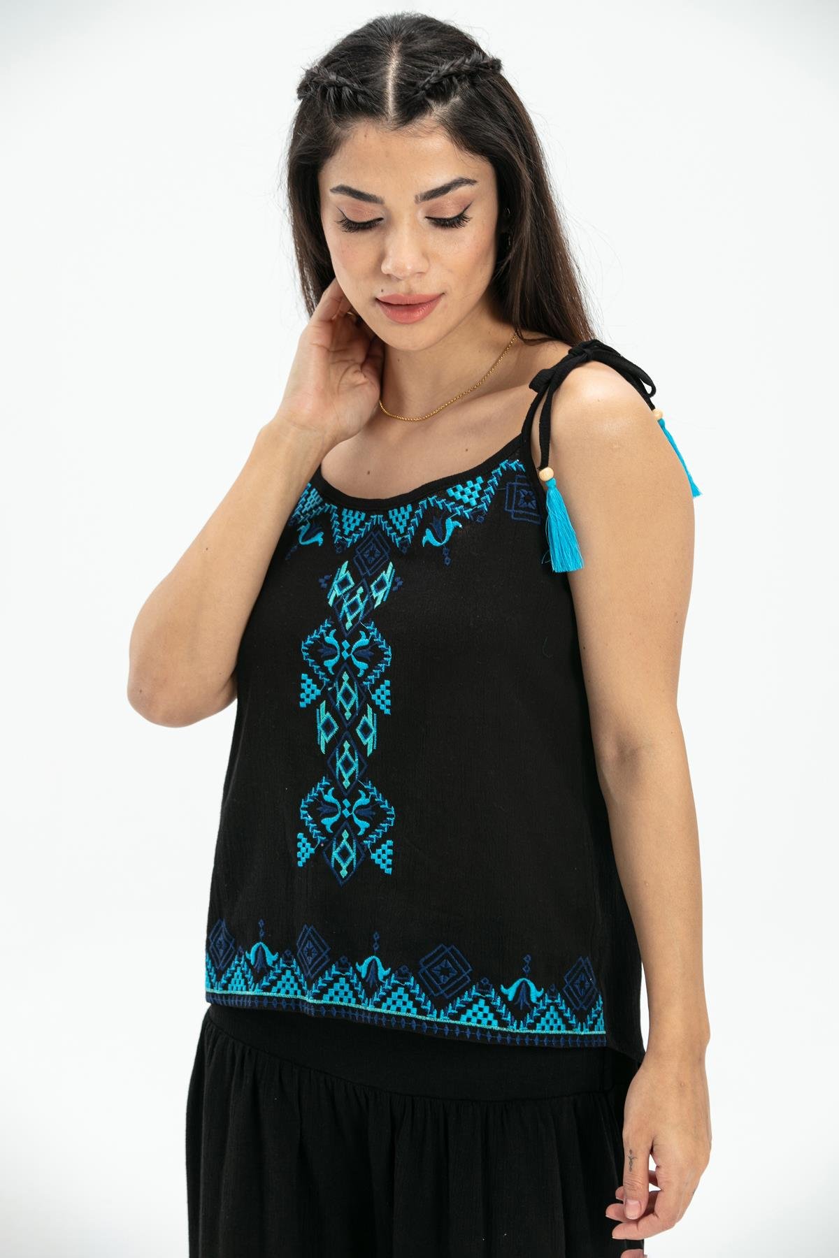 Toptan Askılı Şile Bezi Atiye Bluz Siyah