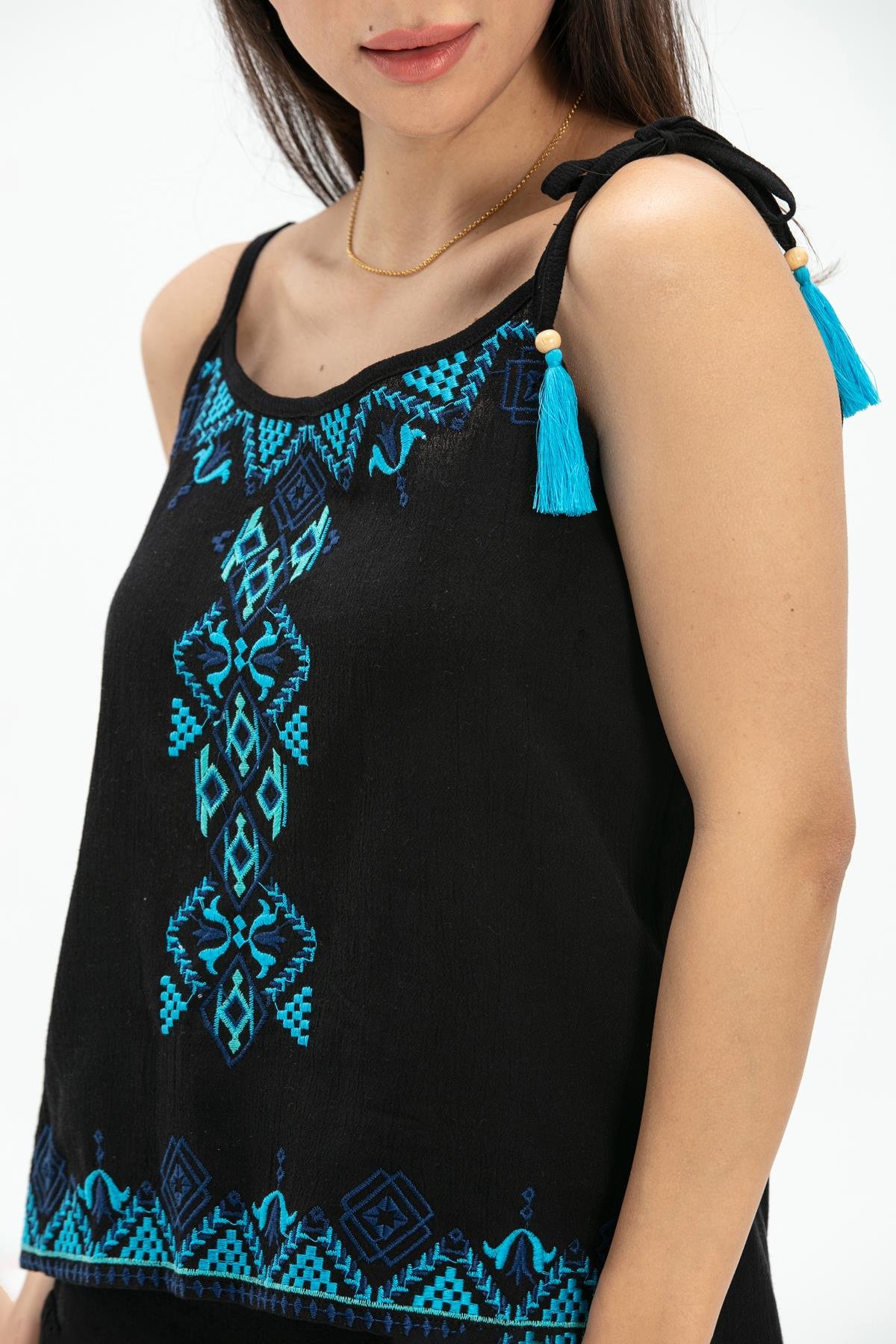 Toptan Askılı Şile Bezi Atiye Bluz Siyah