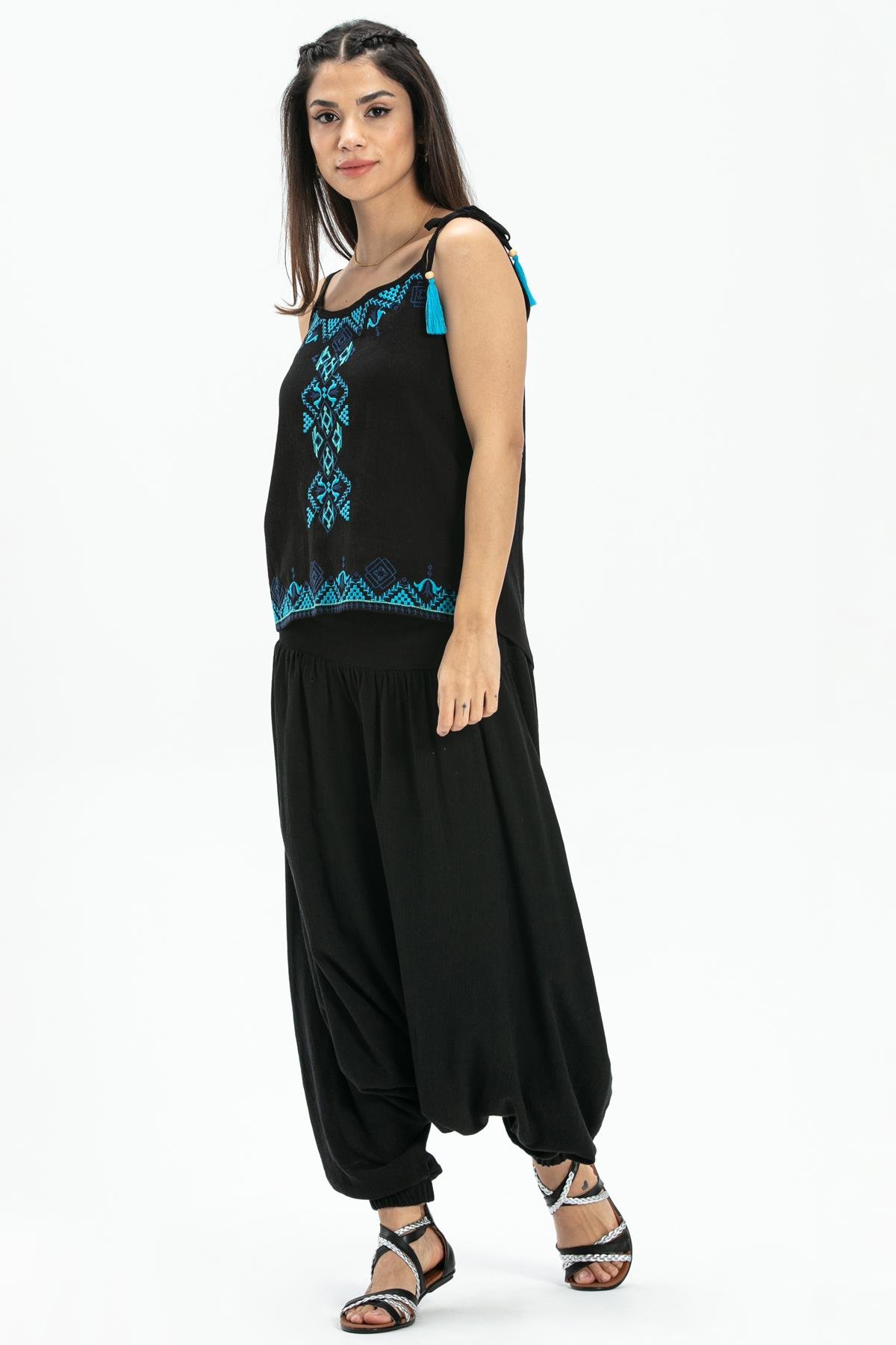 Toptan Askılı Şile Bezi Atiye Bluz Siyah