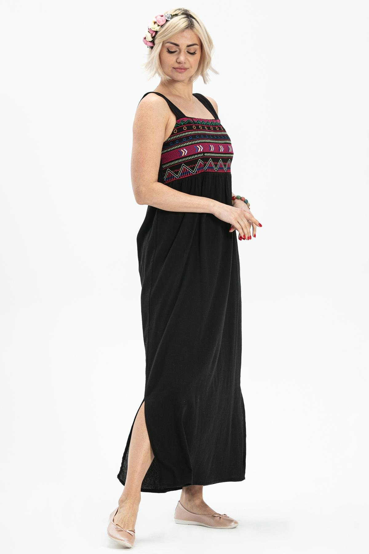 Toptan Askılı Şile Bezi Latin Uzun Elbise Siyah