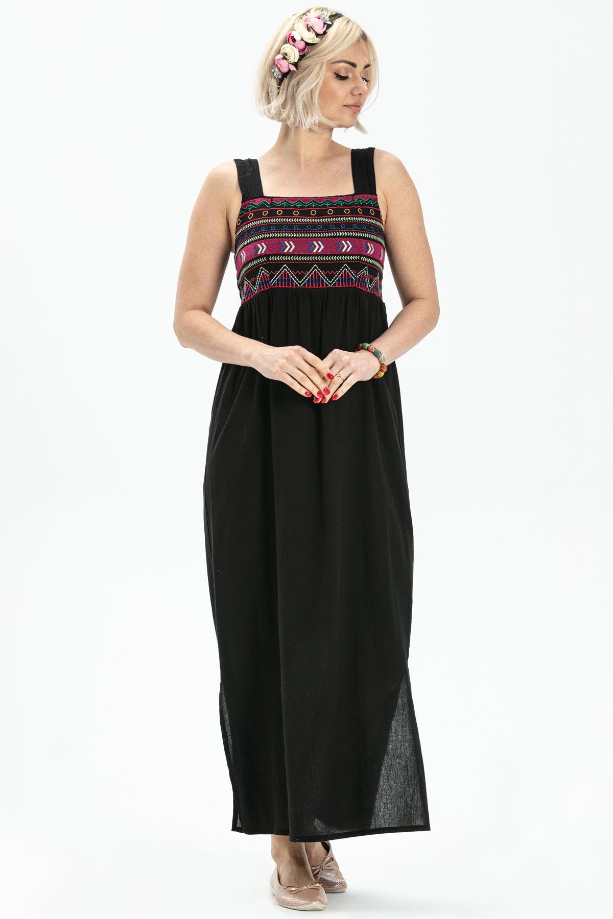 Toptan Askılı Şile Bezi Latin Uzun Elbise Siyah