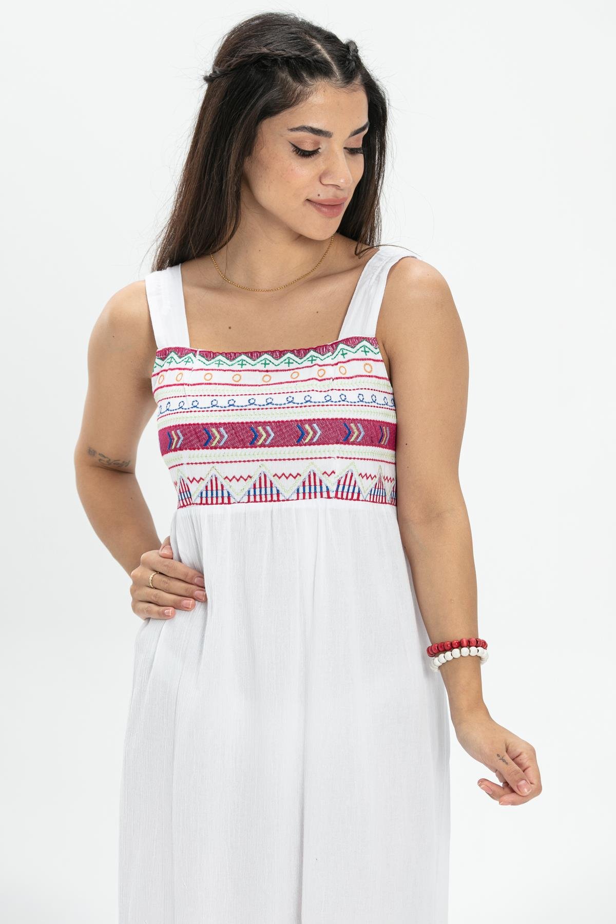 Toptan Askılı Şile Bezi Latin Uzun Elbise Beyaz