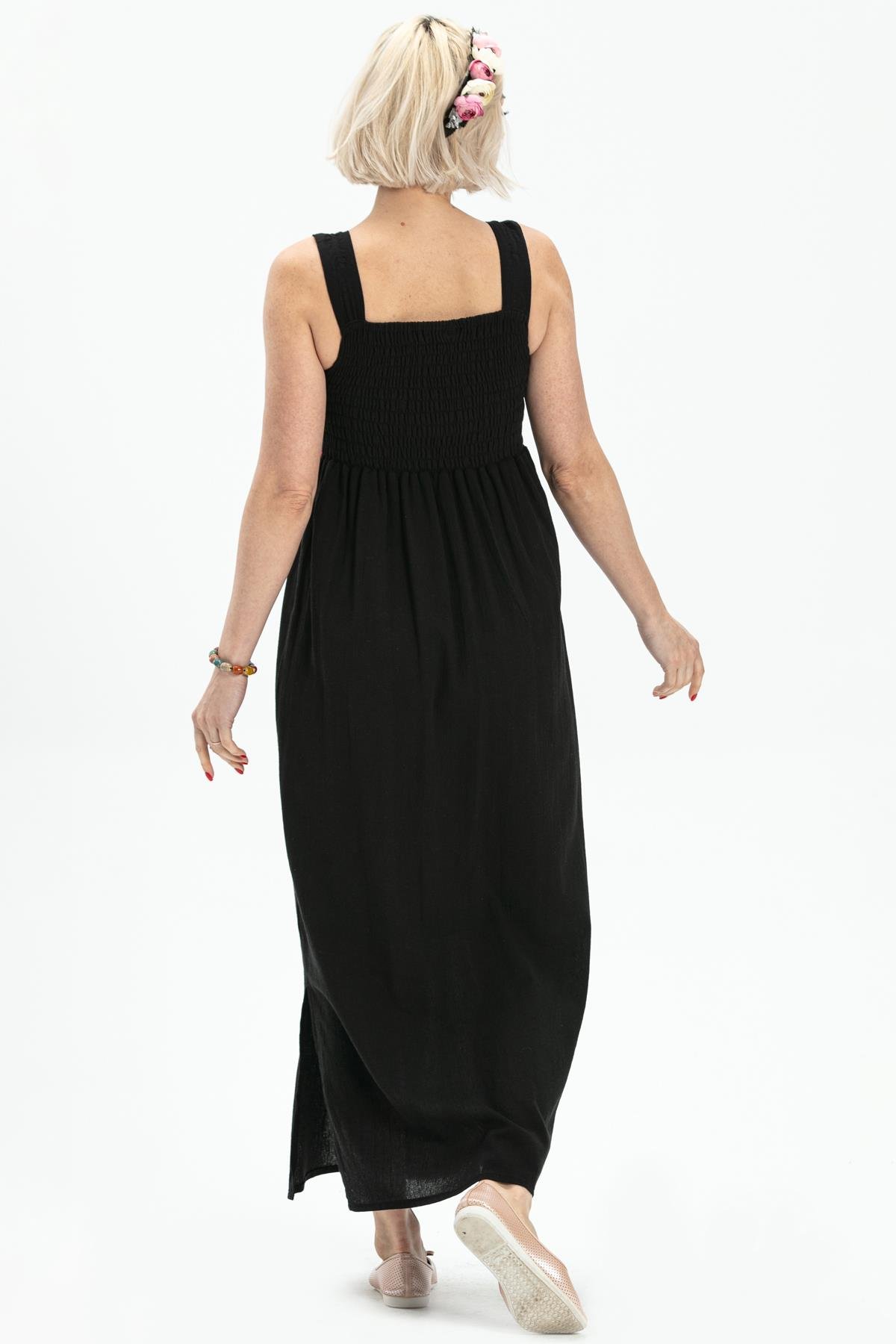 Toptan Askılı Şile Bezi Latin Uzun Elbise Siyah