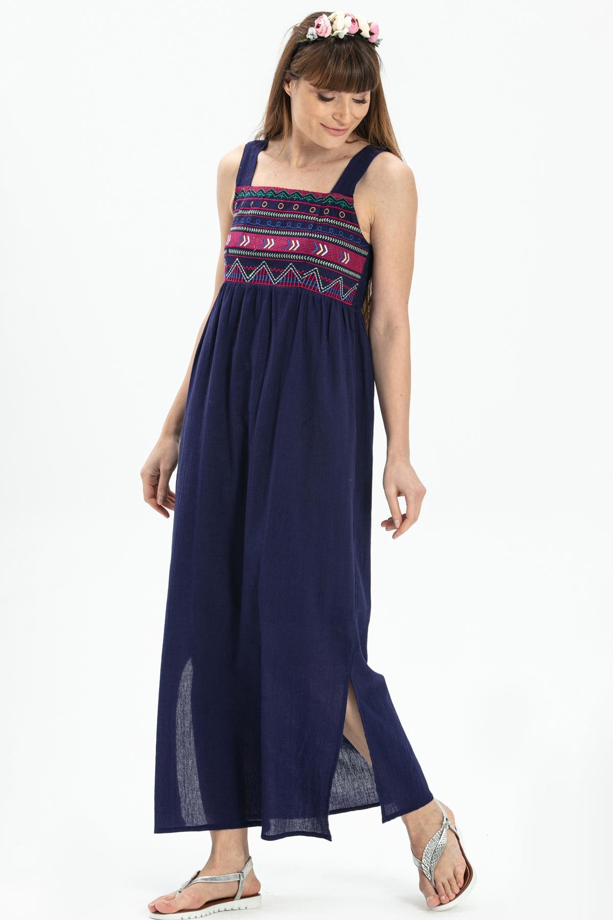 Toptan Askılı Şile Bezi Latin Uzun Elbise Mor