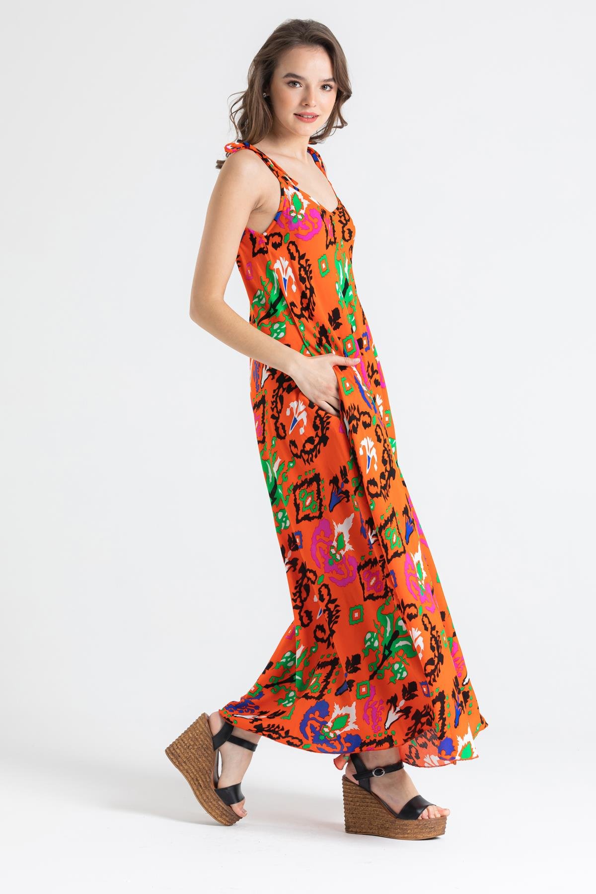 Toptan Askılı Viskon Suzan Uzun Elbise Etnik Turuncu