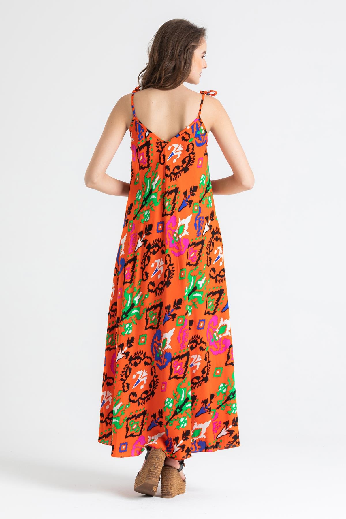 Toptan Askılı Viskon Suzan Uzun Elbise Etnik Turuncu