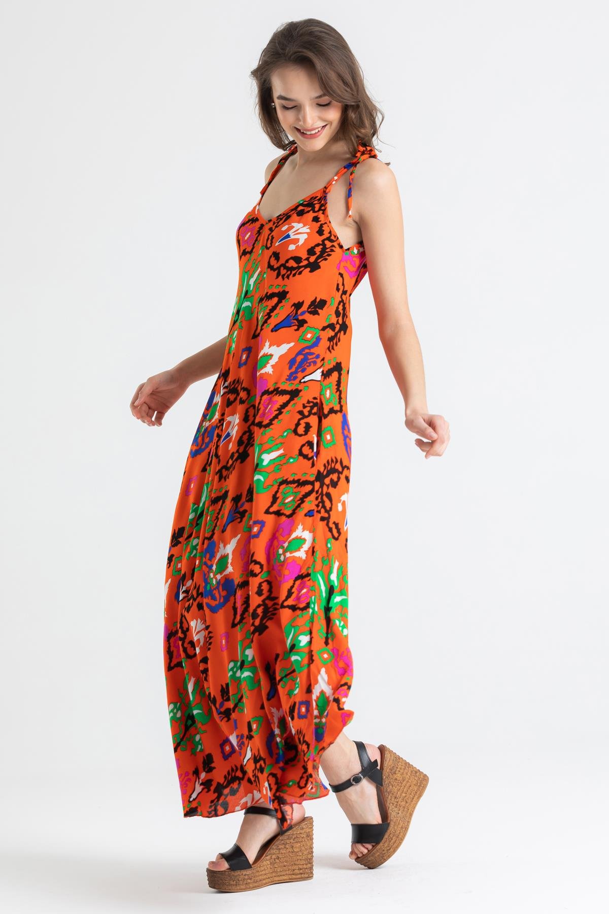 Toptan Askılı Viskon Suzan Uzun Elbise Etnik Turuncu