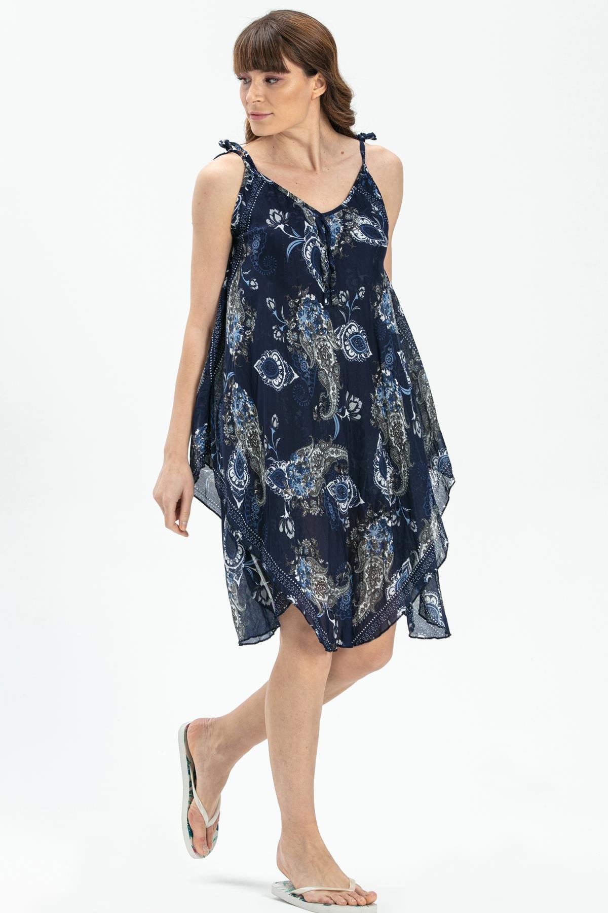 Toptan Askılı Vual Afrodit Kısa Elbise Lacivert