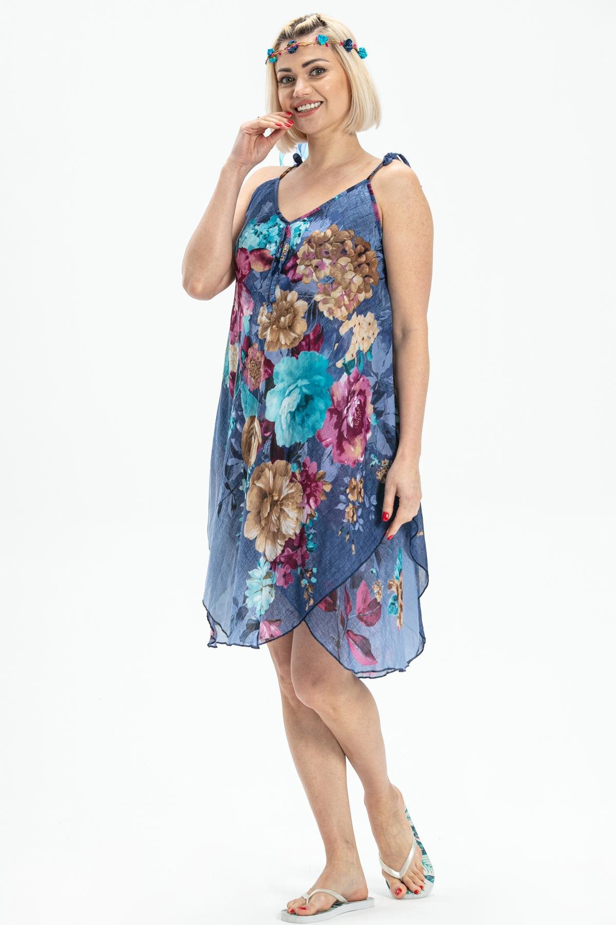 Toptan Askılı Vual Afrodit Kısa Elbise Turkuaz