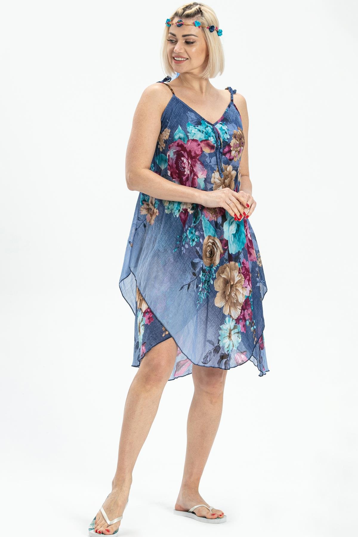 Toptan Askılı Vual Afrodit Kısa Elbise Turkuaz