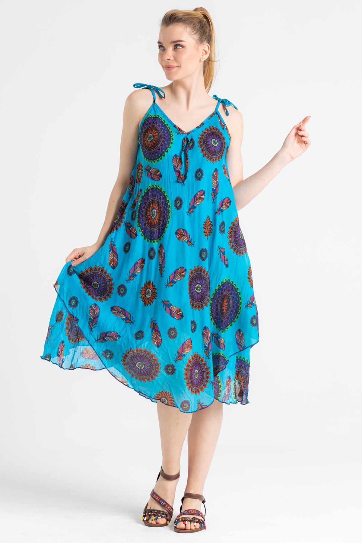 Toptan Askılı Vual Afrodit Kısa Elbise Turkuaz 6196