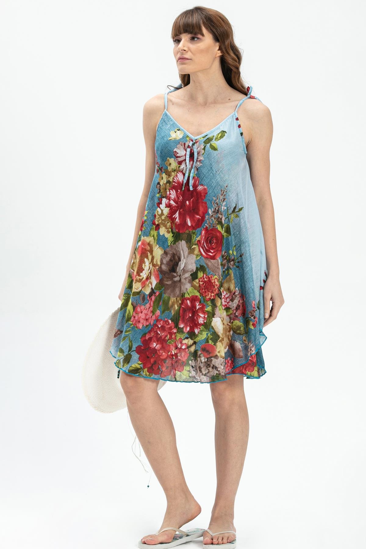 Toptan Askılı Vual Afrodit Kısa Elbise Buz Mavi