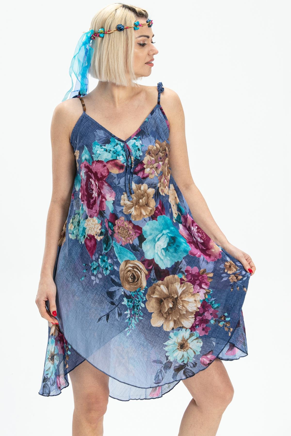 Toptan Askılı Vual Afrodit Kısa Elbise Turkuaz