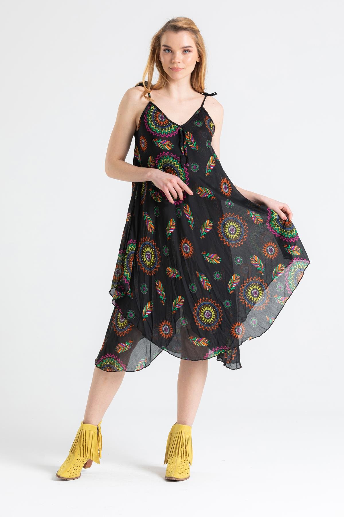 Toptan Askılı Vual Afrodit Kısa Elbise Siyah 6198