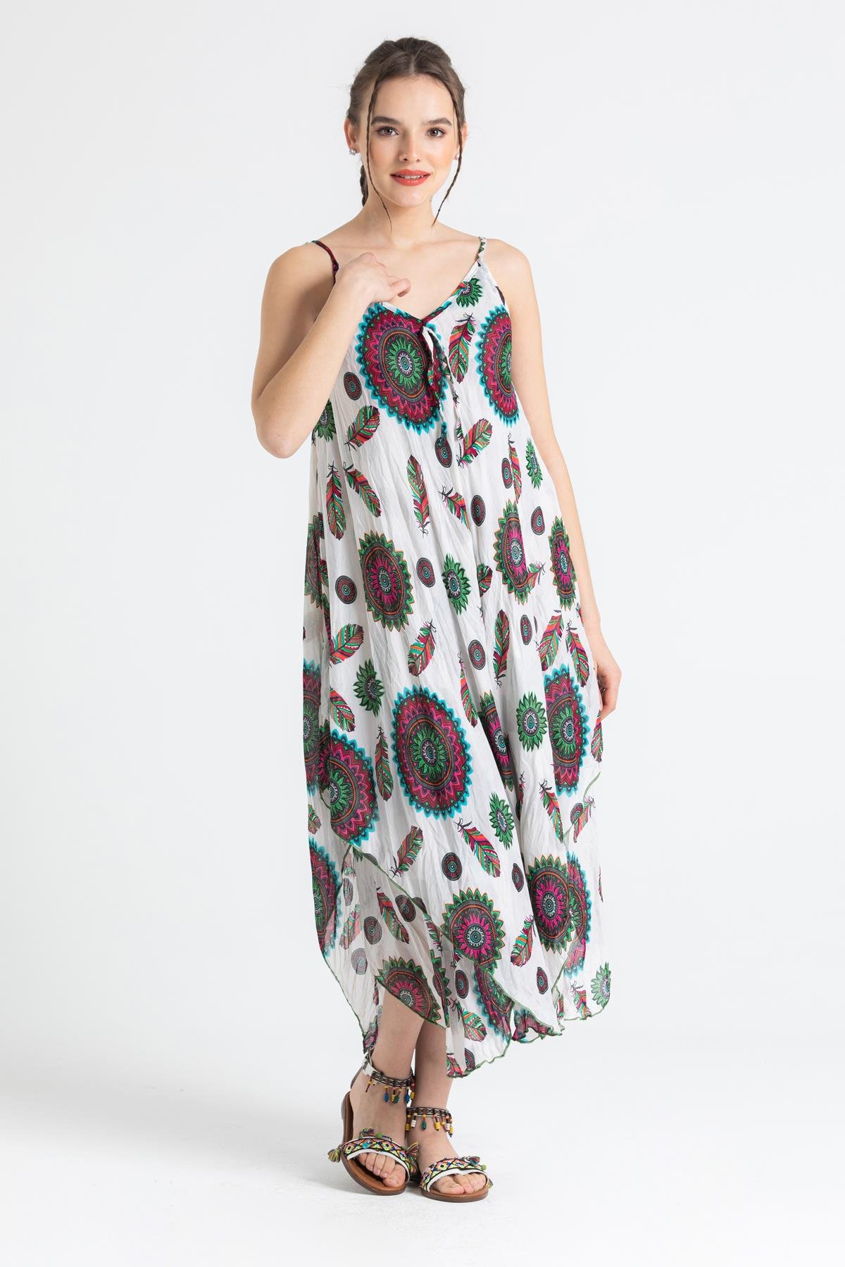 Toptan Askılı Vual Afrodit Midi Boy Elbise Beyaz 6197