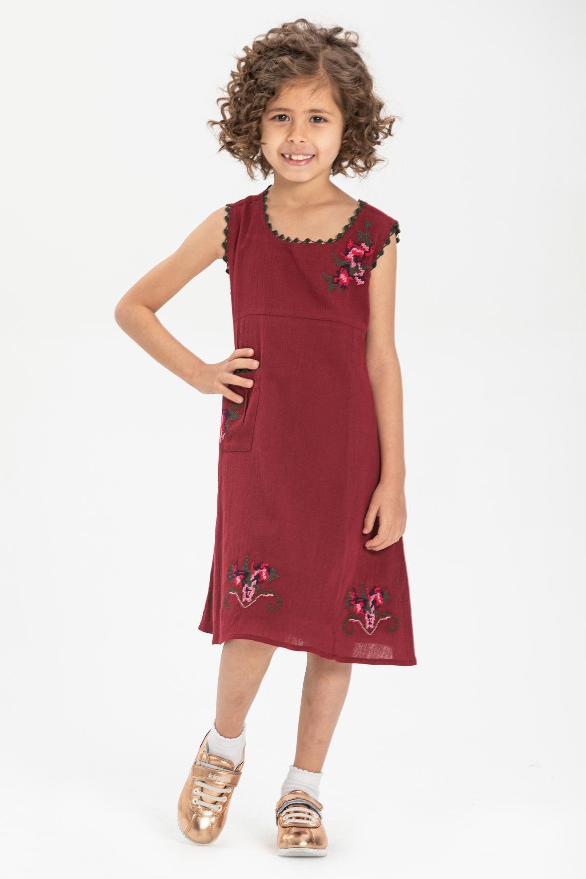 Toptan Burçak Şile Bezi Çocuk Elbise Bordo